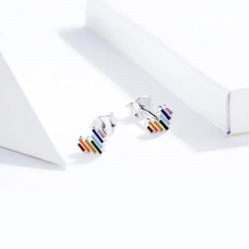 (image for) Pandora Style Silver Stud Earrings, Rainbow Heart - SCE787 - View 2