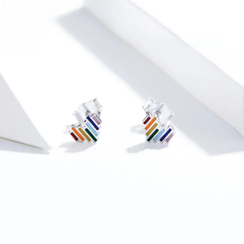 (image for) Pandora Style Silver Stud Earrings, Rainbow Heart - SCE787 - View 4