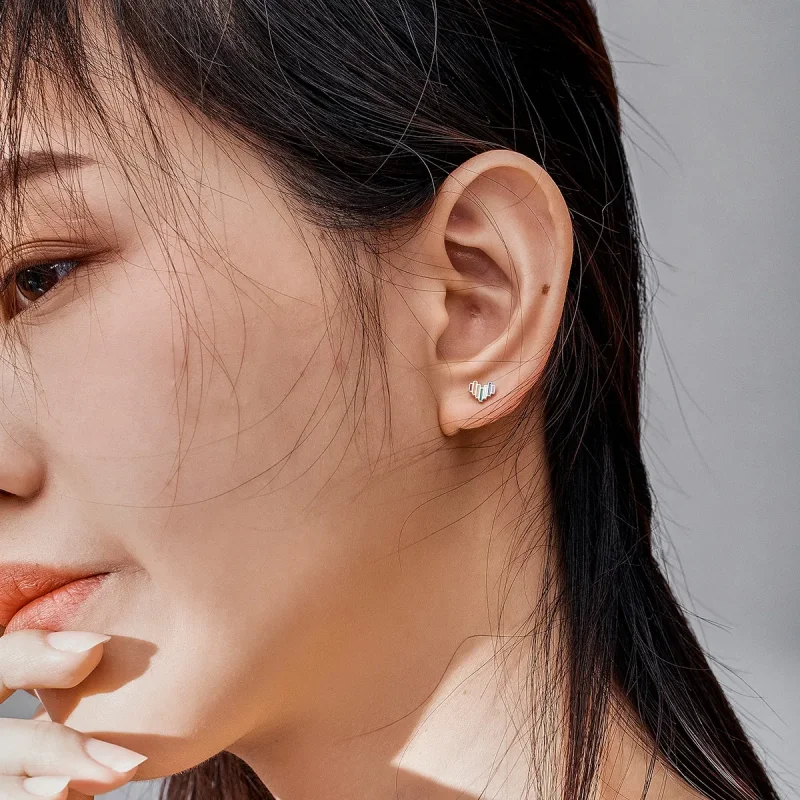 (image for) Pandora Style Silver Stud Earrings, Rainbow Heart - SCE787 - View 6