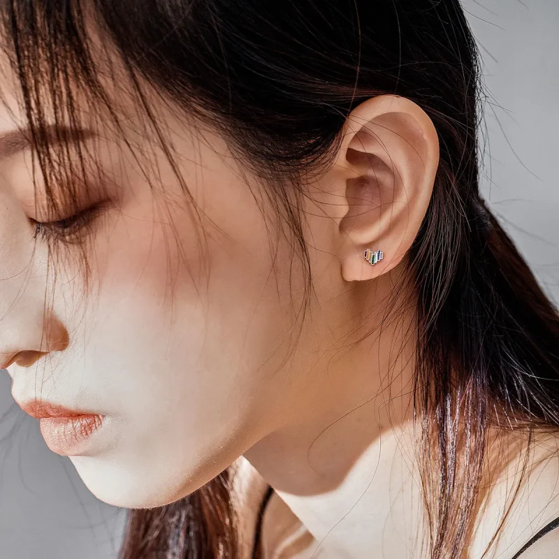 (image for) Pandora Style Silver Stud Earrings, Rainbow Heart - SCE787 - View 7