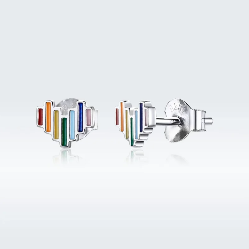 (image for) Pandora Style Silver Stud Earrings, Rainbow Heart - SCE787 - Product Image