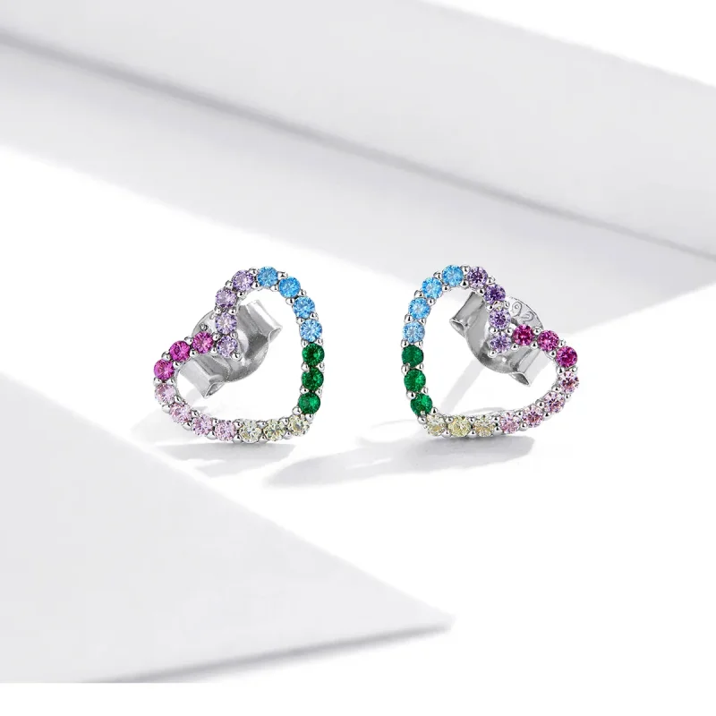 (image for) Pandora Style Silver Stud Earrings, Rainbow Hearts - SCE891 - View 2