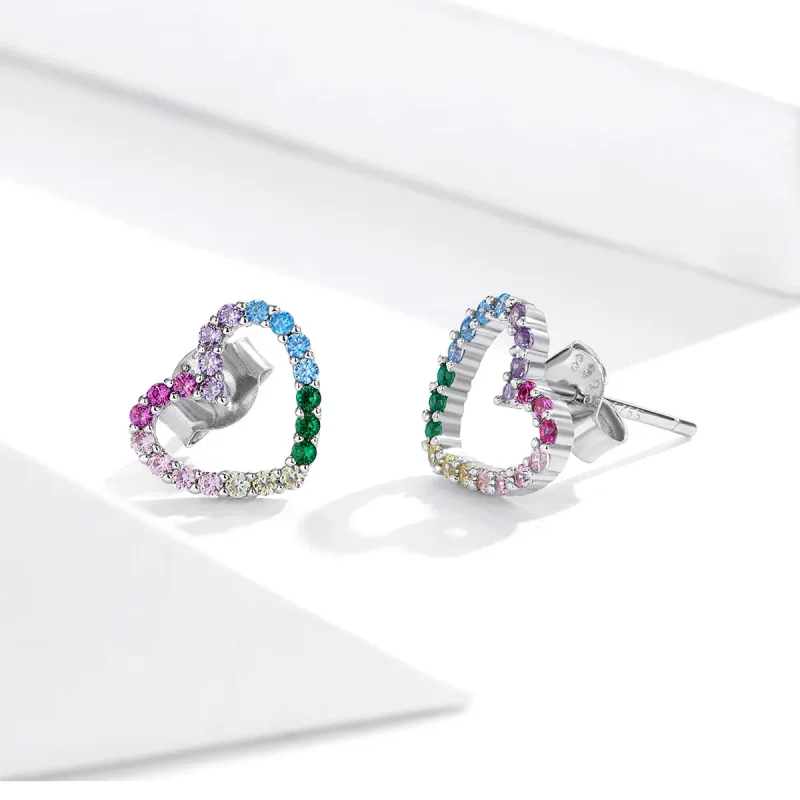 (image for) Pandora Style Silver Stud Earrings, Rainbow Hearts - SCE891 - View 3