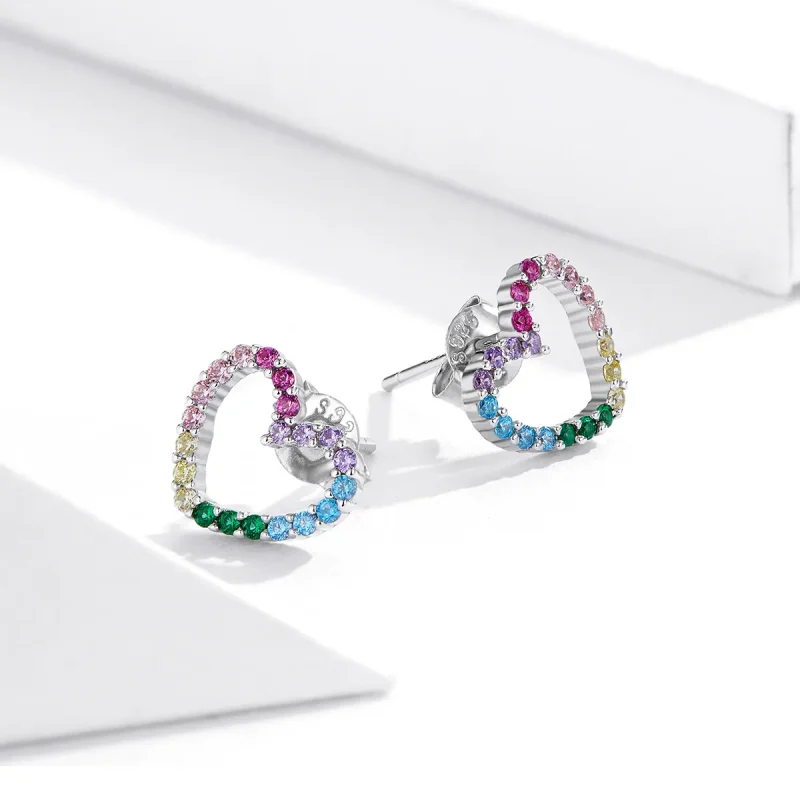 (image for) Pandora Style Silver Stud Earrings, Rainbow Hearts - SCE891 - View 4