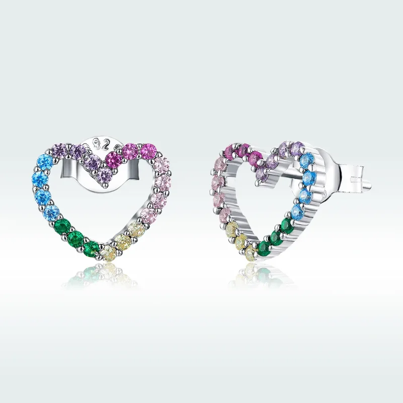 (image for) Pandora Style Silver Stud Earrings, Rainbow Hearts - SCE891 - View 5