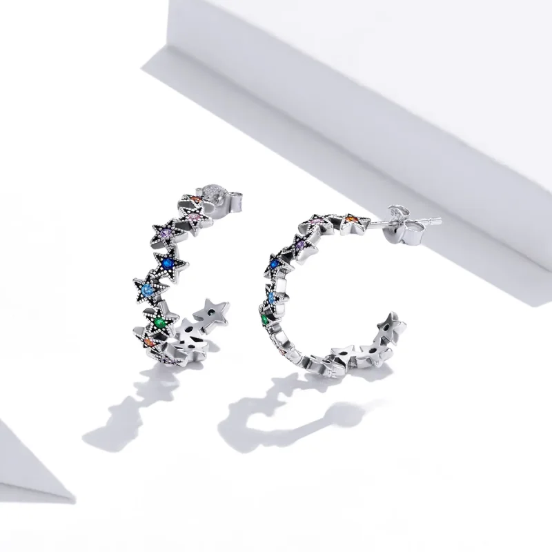 (image for) Pandora Style Silver Stud Earrings, Rainbow Stars - SCE1082 - View 2