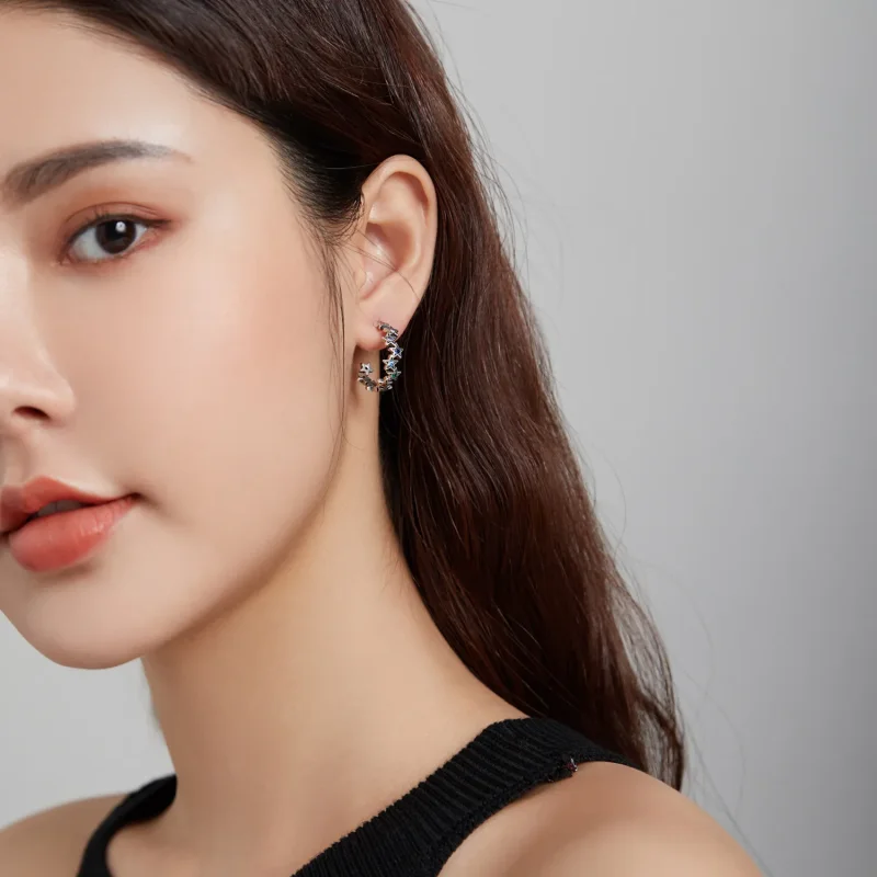 (image for) Pandora Style Silver Stud Earrings, Rainbow Stars - SCE1082 - View 5