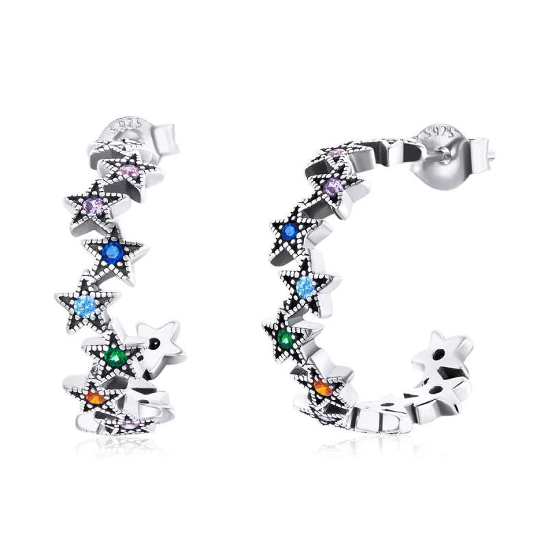 (image for) Pandora Style Silver Stud Earrings, Rainbow Stars - SCE1082 - Product Image