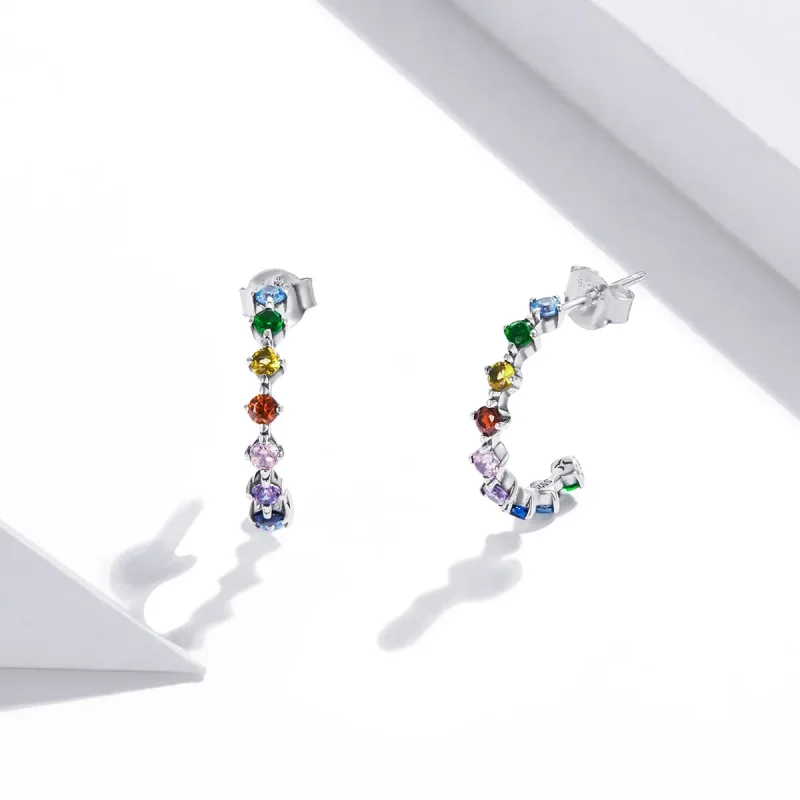 (image for) Pandora Style Silver Stud Earrings, Rainbow Words - SCE1014 - View 2