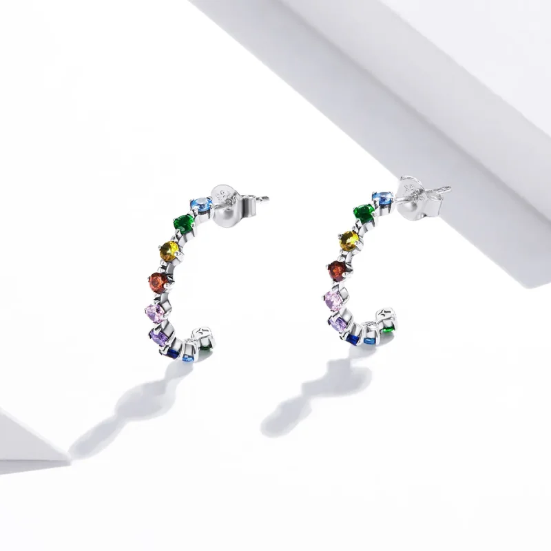 (image for) Pandora Style Silver Stud Earrings, Rainbow Words - SCE1014 - View 3