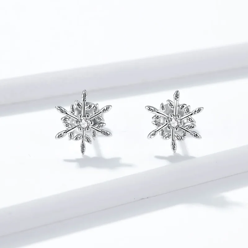 (image for) Pandora Style Silver Stud Earrings, Romantic Snowflakes - BSE424 - View 2