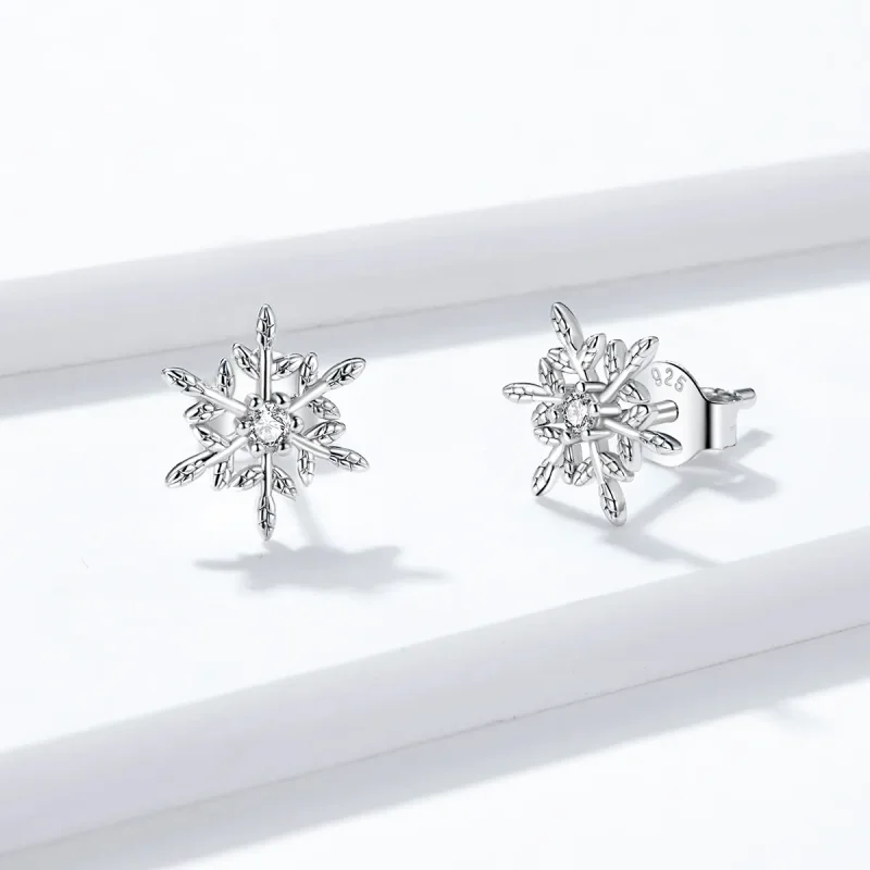 (image for) Pandora Style Silver Stud Earrings, Romantic Snowflakes - BSE424 - View 3