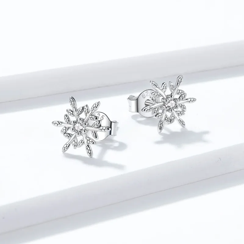 (image for) Pandora Style Silver Stud Earrings, Romantic Snowflakes - BSE424 - View 4