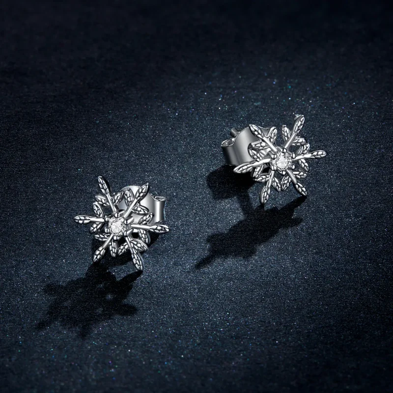 (image for) Pandora Style Silver Stud Earrings, Romantic Snowflakes - BSE424 - View 5