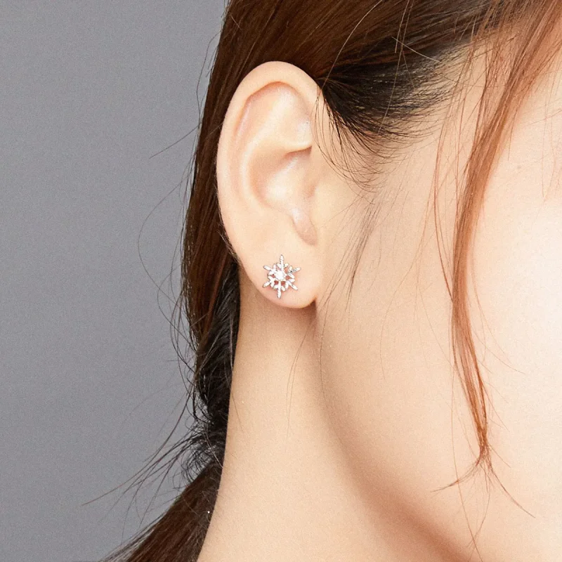 (image for) Pandora Style Silver Stud Earrings, Romantic Snowflakes - BSE424 - View 8
