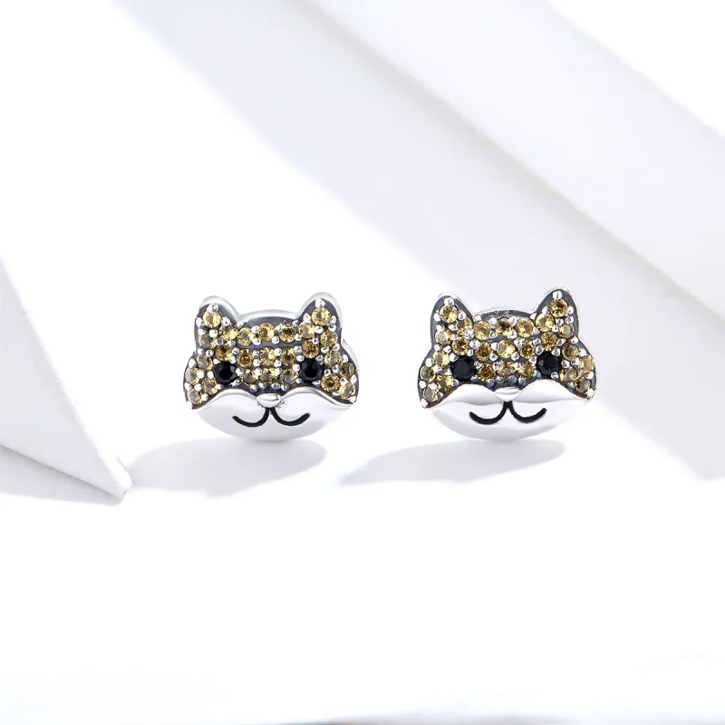 (image for) Pandora Style Silver Stud Earrings, Shiba Inu - SCE769 - View 2