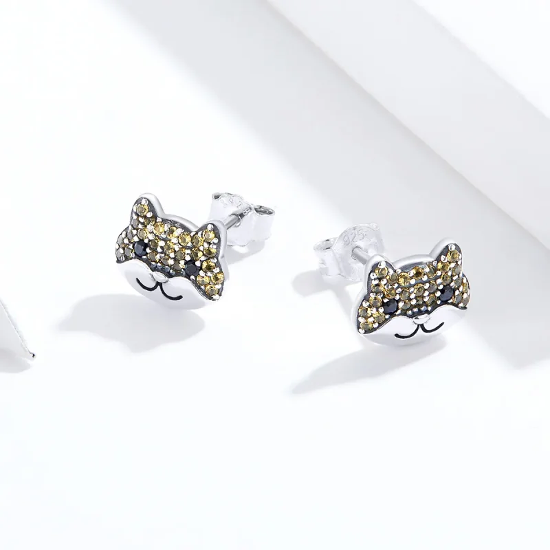 (image for) Pandora Style Silver Stud Earrings, Shiba Inu - SCE769 - View 3