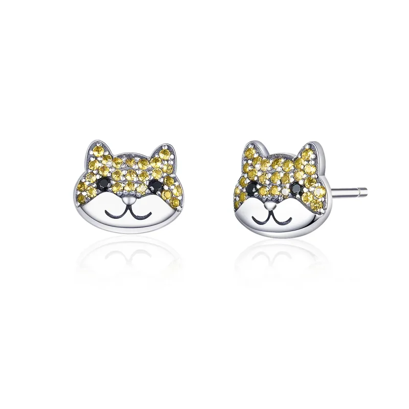 (image for) Pandora Style Silver Stud Earrings, Shiba Inu - SCE769 - Product Image