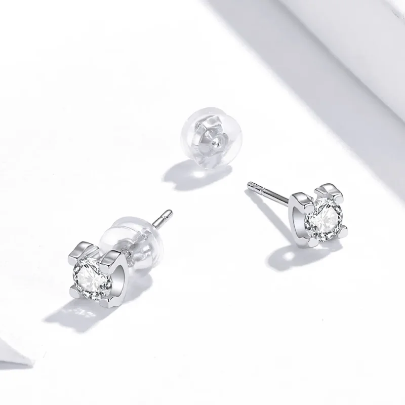 (image for) Pandora Style Silver Stud Earrings, Simple Zircon - SCE974 - View 3