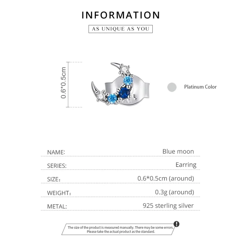 (image for) Pandora Style Silver Stud Earrings, Single Aquamarine Moon - SCE1065 - View 3