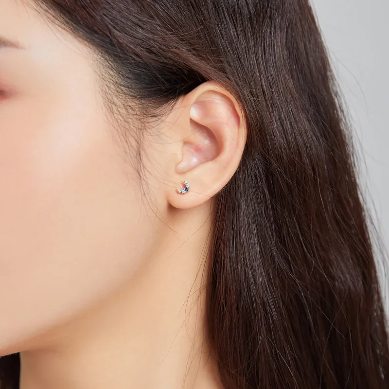 (image for) Pandora Style Silver Stud Earrings, Single Aquamarine Moon - SCE1065 - View 4