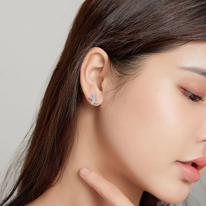 (image for) Pandora Style Silver Stud Earrings, Single Butterfly - SCE1068 - View 2