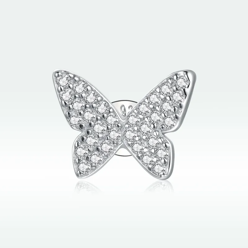 (image for) Pandora Style Silver Stud Earrings, Single Butterfly - SCE1068 - View 3