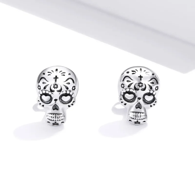 (image for) Pandora Style Silver Stud Earrings, Skull - SCE953 - View 2
