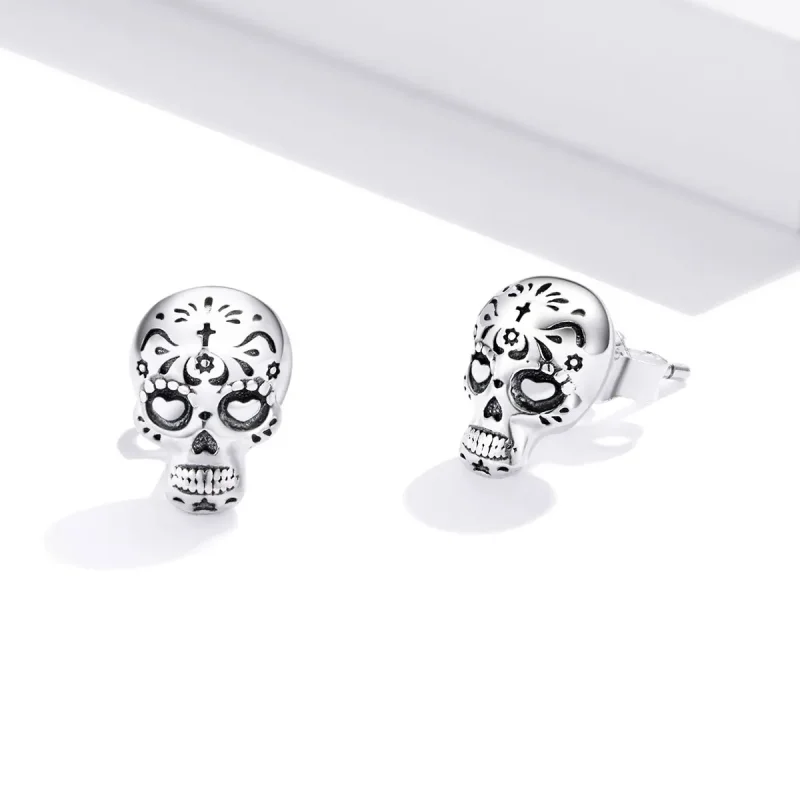 (image for) Pandora Style Silver Stud Earrings, Skull - SCE953 - View 3