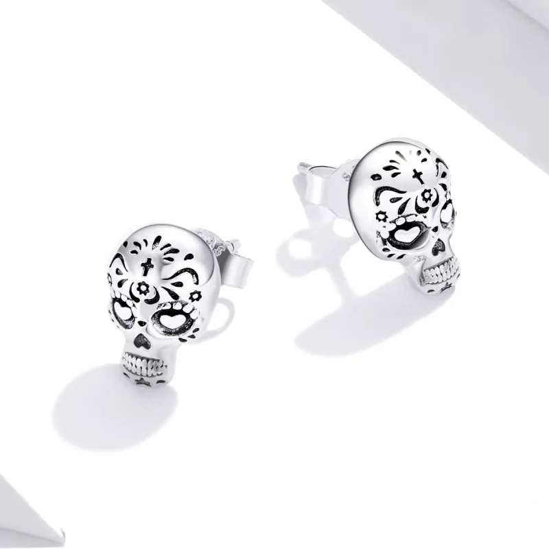 (image for) Pandora Style Silver Stud Earrings, Skull - SCE953 - View 4