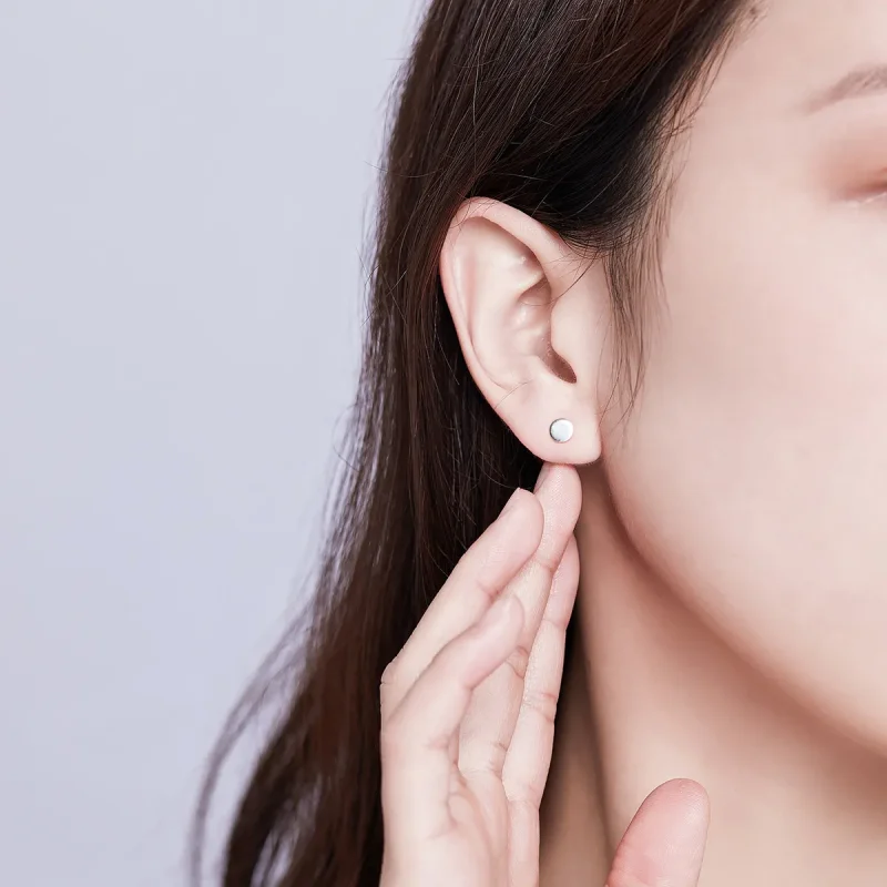 (image for) Pandora Style Silver Stud Earrings, Small Round Piece - SCE693 - View 5