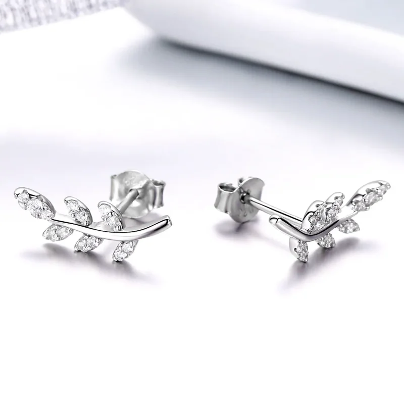 (image for) Pandora Style Silver Stud Earrings, Spring Leaves - BSE031 - View 3