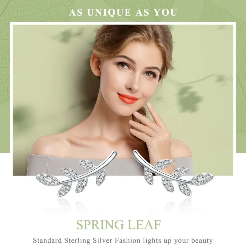 (image for) Pandora Style Silver Stud Earrings, Spring Leaves - BSE031 - View 6