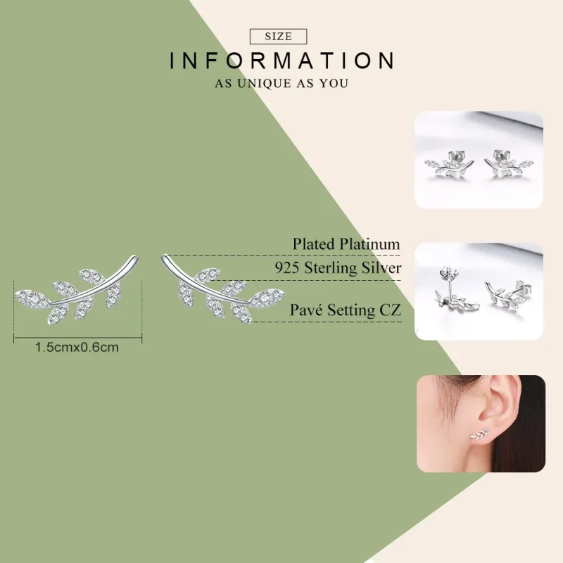 (image for) Pandora Style Silver Stud Earrings, Spring Leaves - BSE031 - View 7