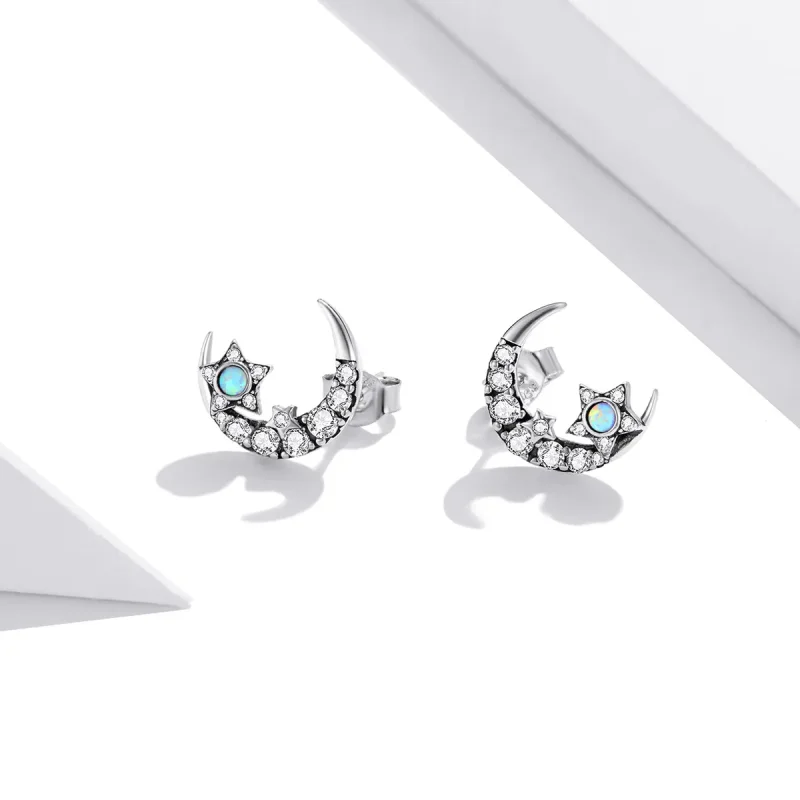 (image for) Pandora Style Silver Stud Earrings, Star and Moon - SCE1157 - View 2
