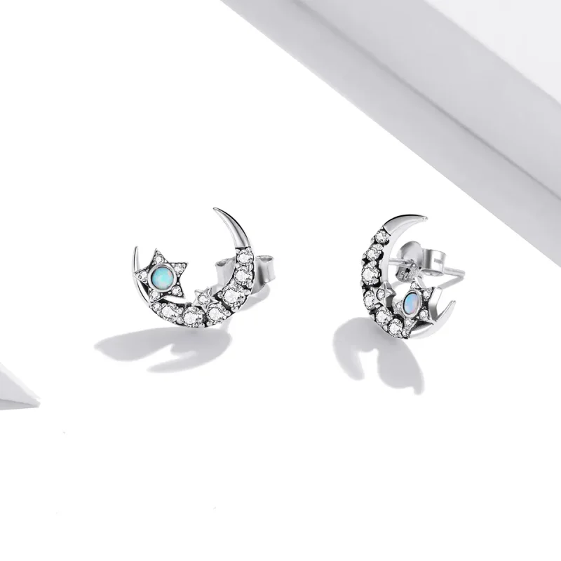 (image for) Pandora Style Silver Stud Earrings, Star and Moon - SCE1157 - View 3