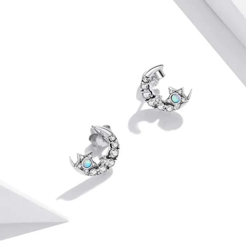 (image for) Pandora Style Silver Stud Earrings, Star and Moon - SCE1157 - View 4