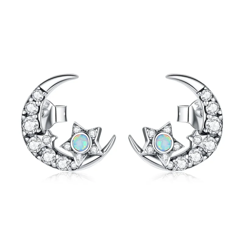 (image for) Pandora Style Silver Stud Earrings, Star and Moon - SCE1157 - Product Image