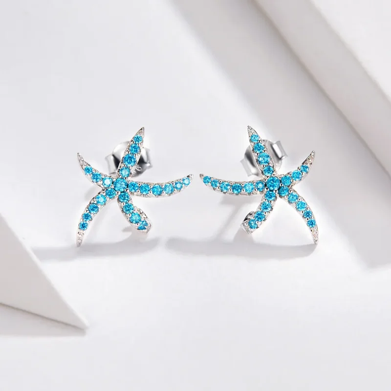 (image for) Pandora Style Silver Stud Earrings, Starfish - BSE136 - View 3