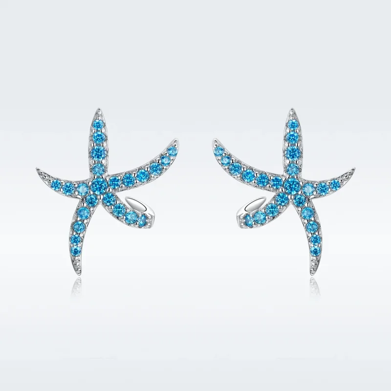 (image for) Pandora Style Silver Stud Earrings, Starfish - BSE136 - View 5