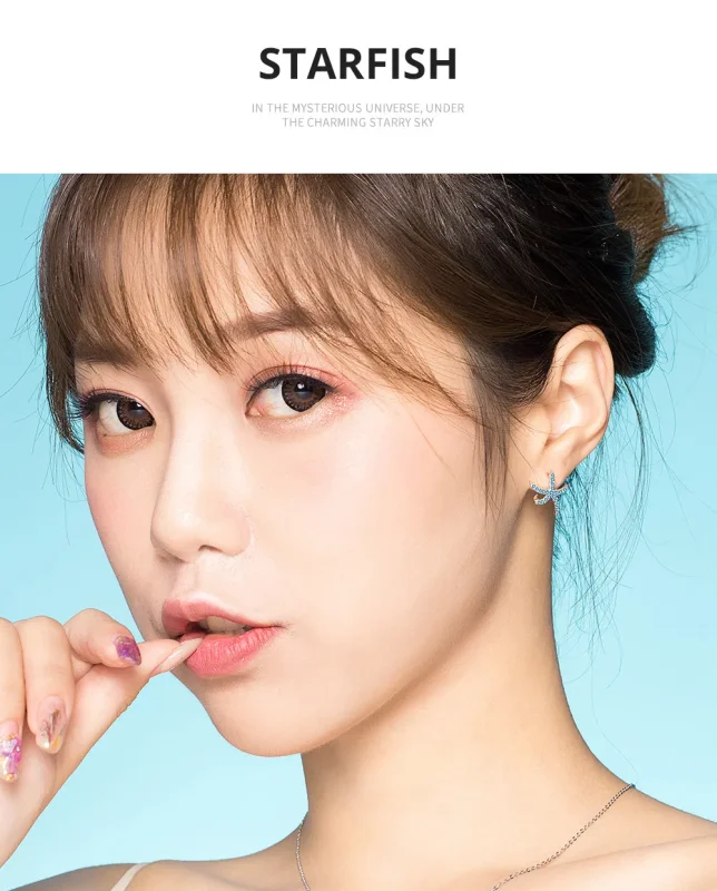 (image for) Pandora Style Silver Stud Earrings, Starfish - BSE136 - View 6