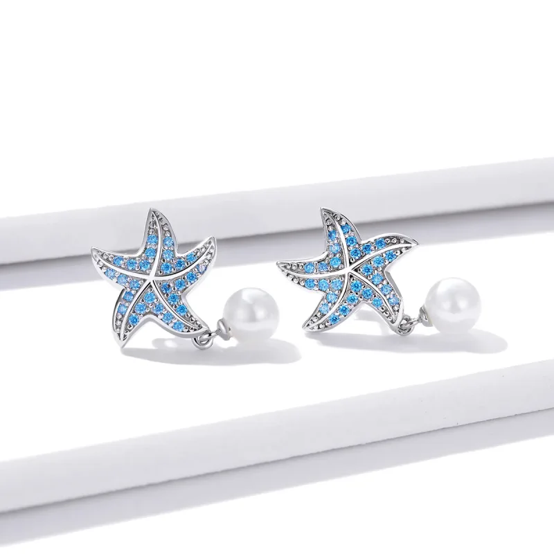 (image for) Pandora Style Silver Stud Earrings, Starfish With Pearls - BSE405 - View 2