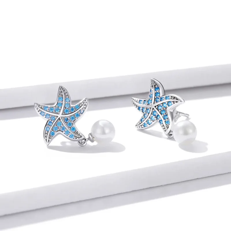 (image for) Pandora Style Silver Stud Earrings, Starfish With Pearls - BSE405 - View 3