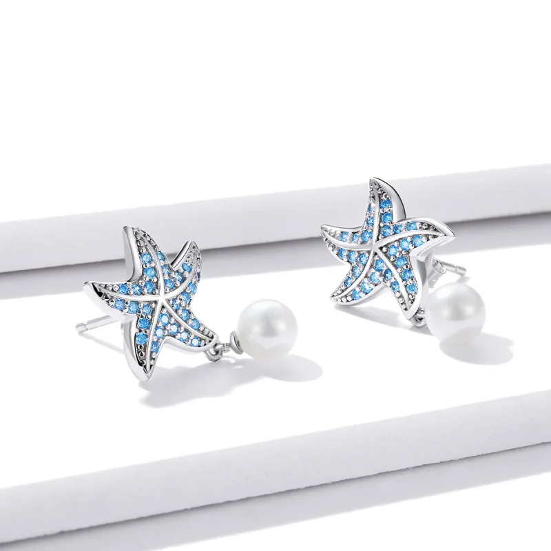 (image for) Pandora Style Silver Stud Earrings, Starfish With Pearls - BSE405 - View 4
