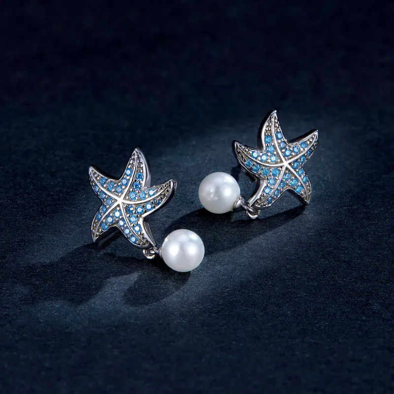 (image for) Pandora Style Silver Stud Earrings, Starfish With Pearls - BSE405 - View 5