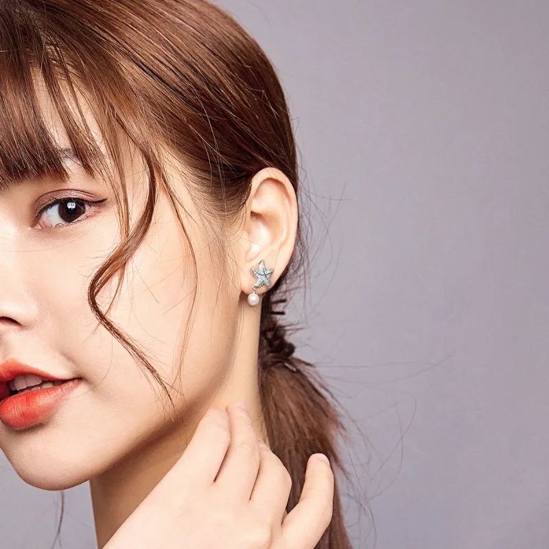 (image for) Pandora Style Silver Stud Earrings, Starfish With Pearls - BSE405 - View 6