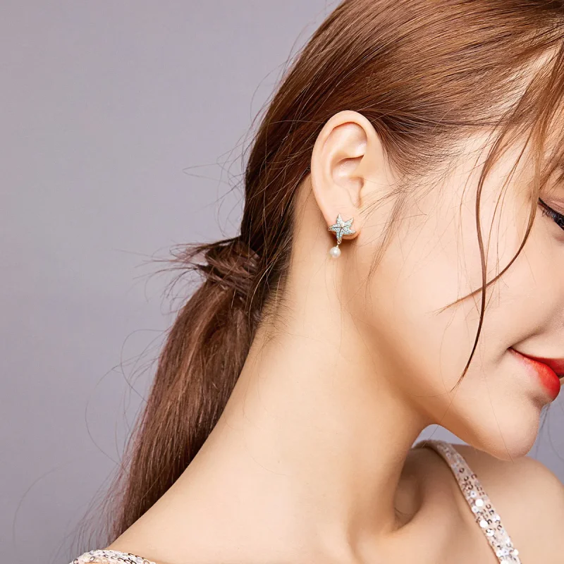 (image for) Pandora Style Silver Stud Earrings, Starfish With Pearls - BSE405 - View 7