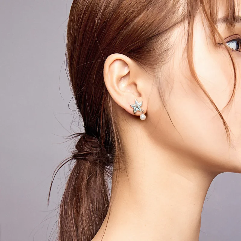 (image for) Pandora Style Silver Stud Earrings, Starfish With Pearls - BSE405 - View 8