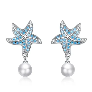 (image for) Pandora Style Silver Stud Earrings, Starfish With Pearls - BSE405
