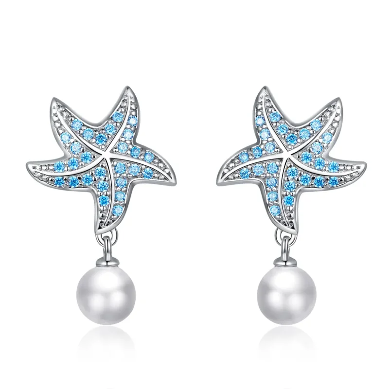 (image for) Pandora Style Silver Stud Earrings, Starfish With Pearls - BSE405 - Product Image